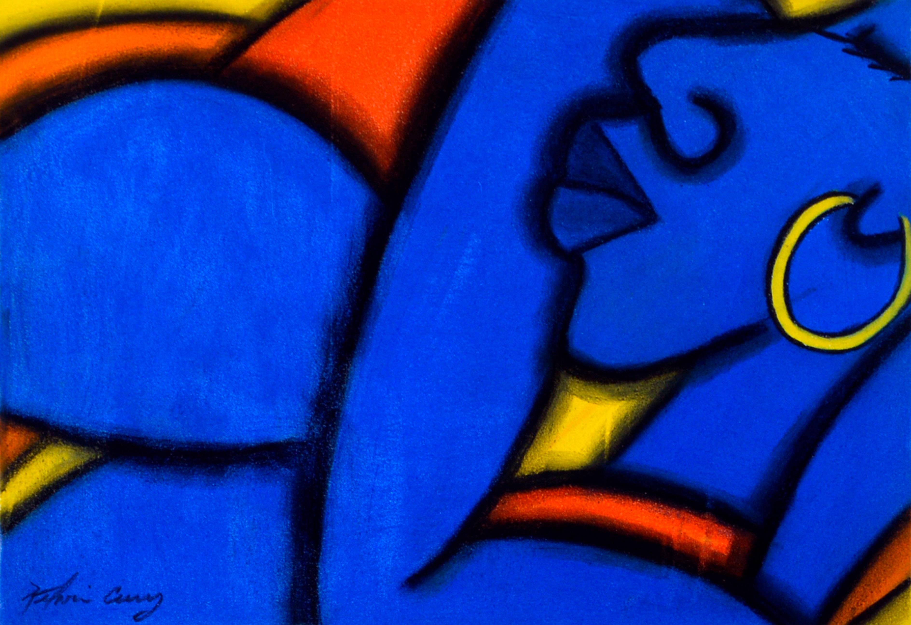 Woman with Hoop Earring - Blue Face Figurative Abstract - Art by Kelvin Curry