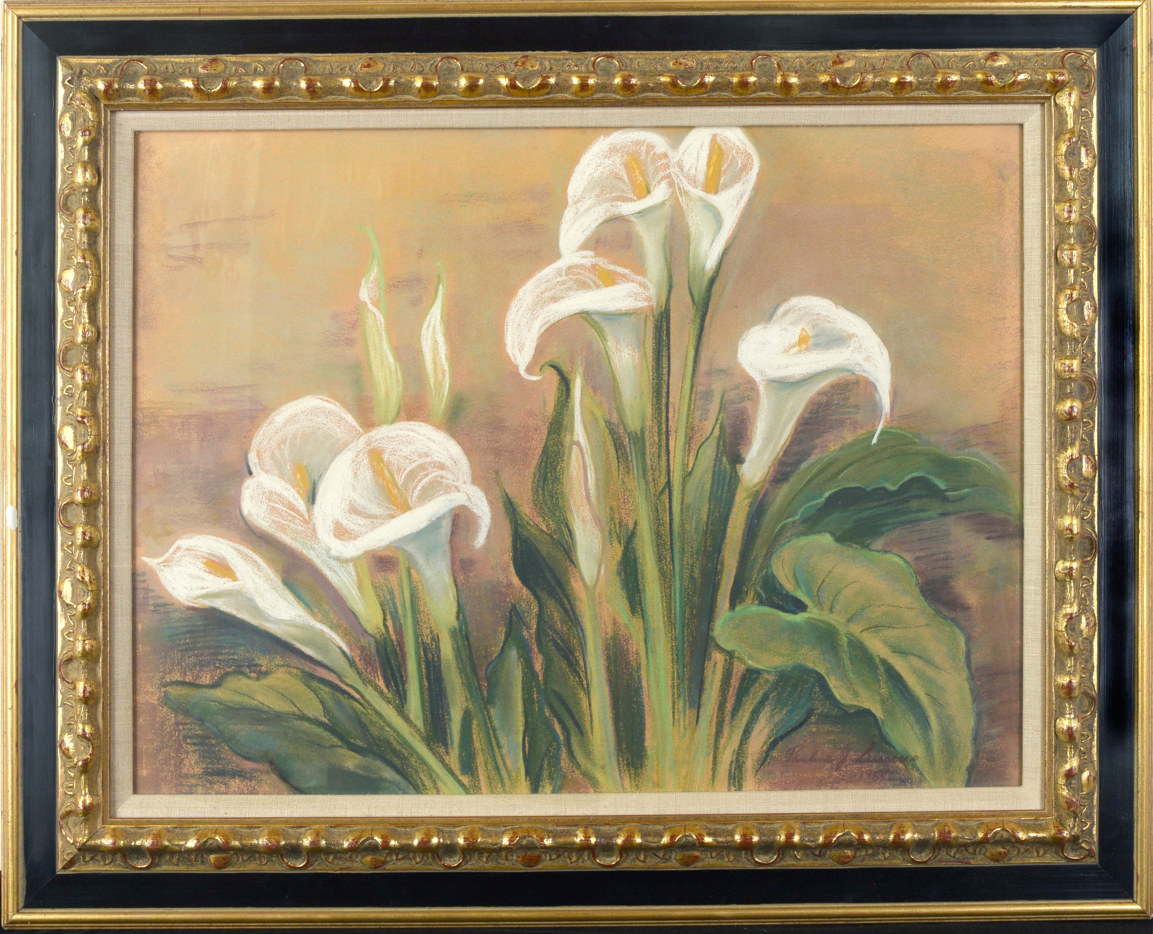 Lys calla - Dessin vintage aux couleurs pastel, signé en 1965