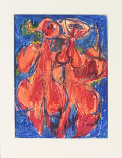 Figuras abstractas en naranja y azul, obra original en pastel al óleo, firmada
