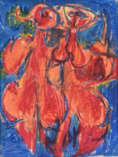 Figuras abstractas en naranja y azul, obra original en pastel al óleo, firmada