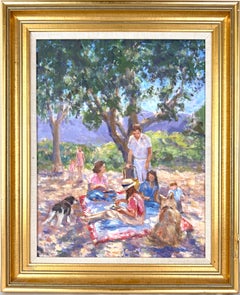 Impressionist Figurative Scene, Picnic in the Park Original Oil Painting, Signed