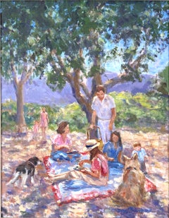 Impressionist Figurative Scene, Picnic in the Park Original Oil Painting, Signed