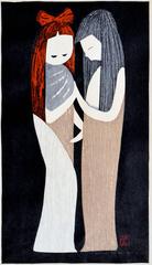 Two Female Figures - Midcentury Woodcut
