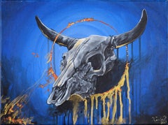 Cow Skull with Gold and Flames in Acrylic on Canvas, Signed