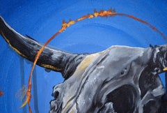 Cow Skull with Gold and Flames in Acrylic on Canvas, Signed