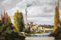Post-Impressionist Industrial River Scene with Figures - Signed Oil Painting