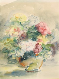 Flowers in a Green Vase - Vintage Watercolor Painting, signed