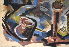Post-War Abstracted Industrial Landscape Painting, Original Work on Paper