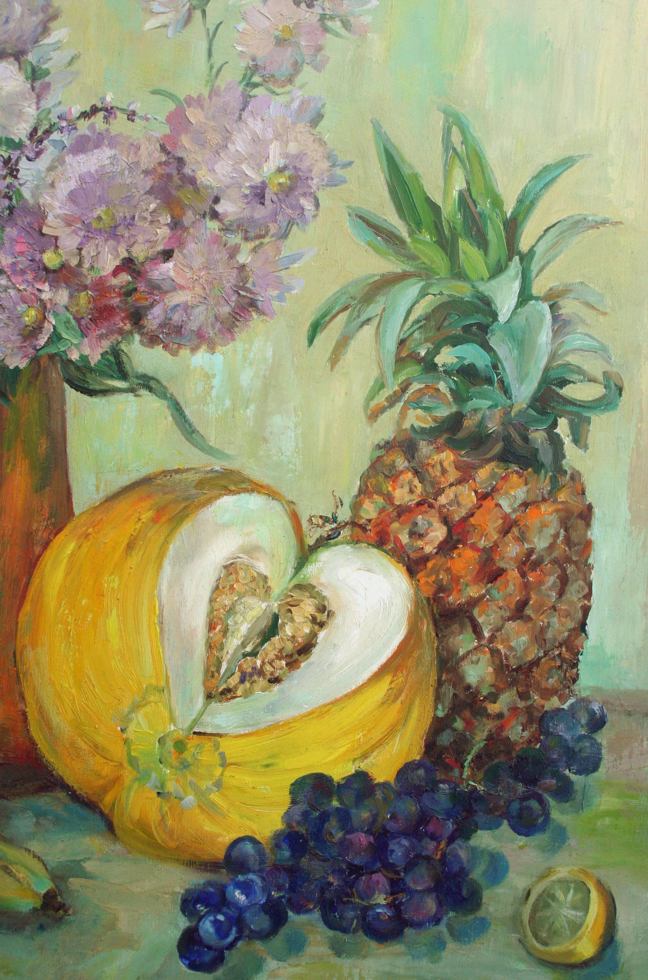 Vase of Strawflowers & Fruit, Mid Century Still Life - Painting by Helen Enoch Gleiforst