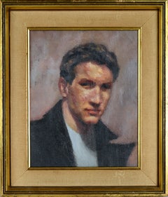 Autoportrait moderniste sur fond violet, peinture à l'huile originale