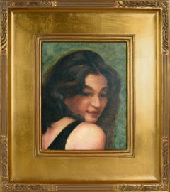 Ritratto modernista di donna su sfondo verde, dipinto a olio originale incorniciato