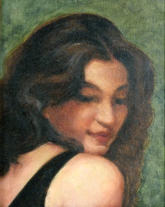 Ritratto modernista di donna su sfondo verde, dipinto a olio originale incorniciato