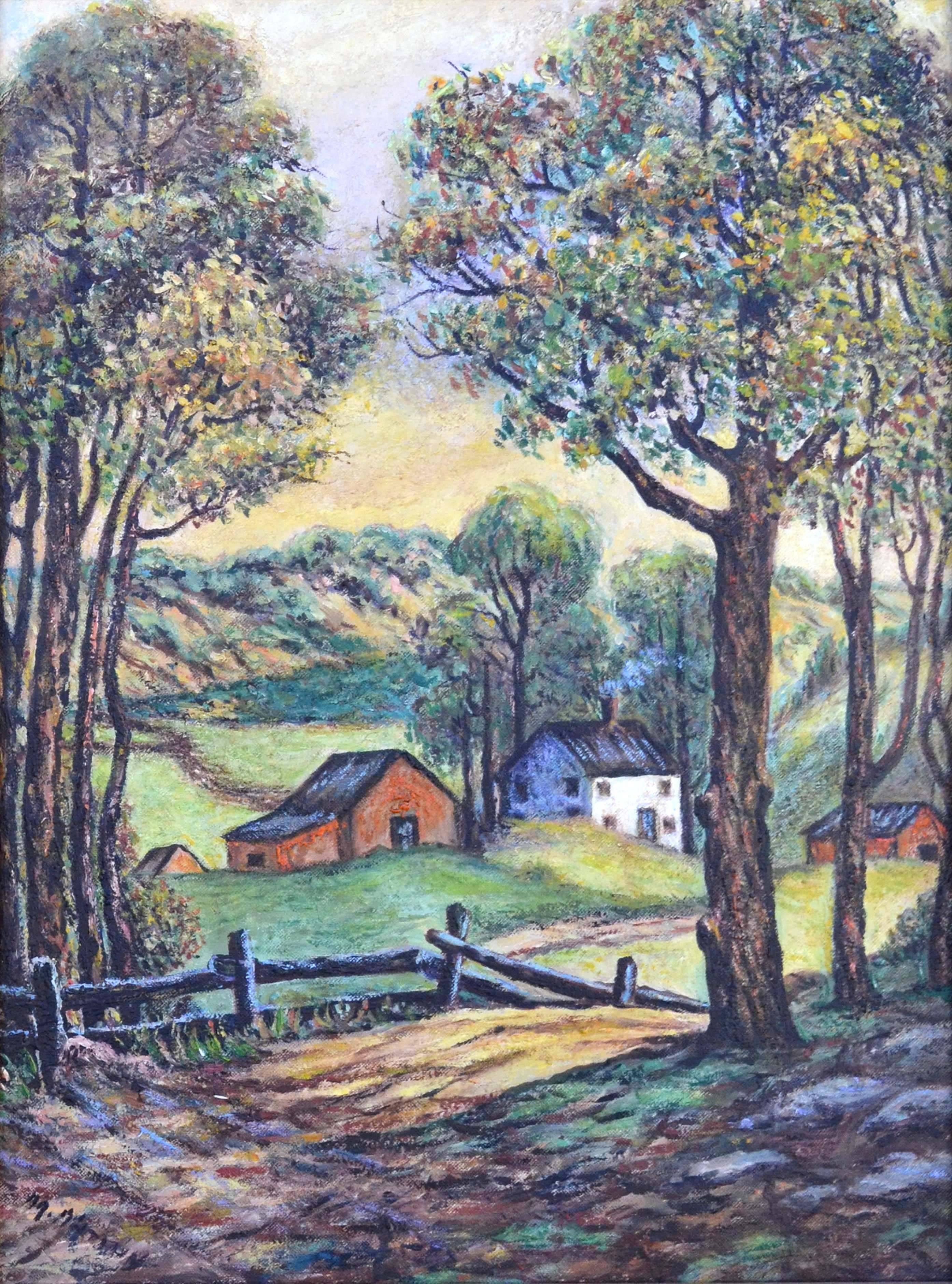 Mid Century Farmstead Landscape  - Painting by Max Nathan