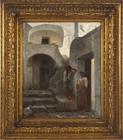 19th Century Italian Genre Oil Painting -- Couple Talking in Ancient Roman Lane