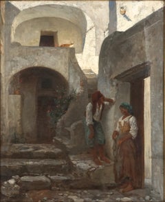 19th Century Italian Genre Oil Painting -- Couple Talking in Ancient Roman Lane