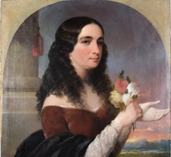 Mid 19th Century American Portrait of a Young Woman Holding Flowers