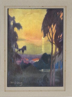 "Un tramonto dalle colline di Berkeley" - Litografia a colori dall'annuario dell'Università della California, Berkeley, del 1921