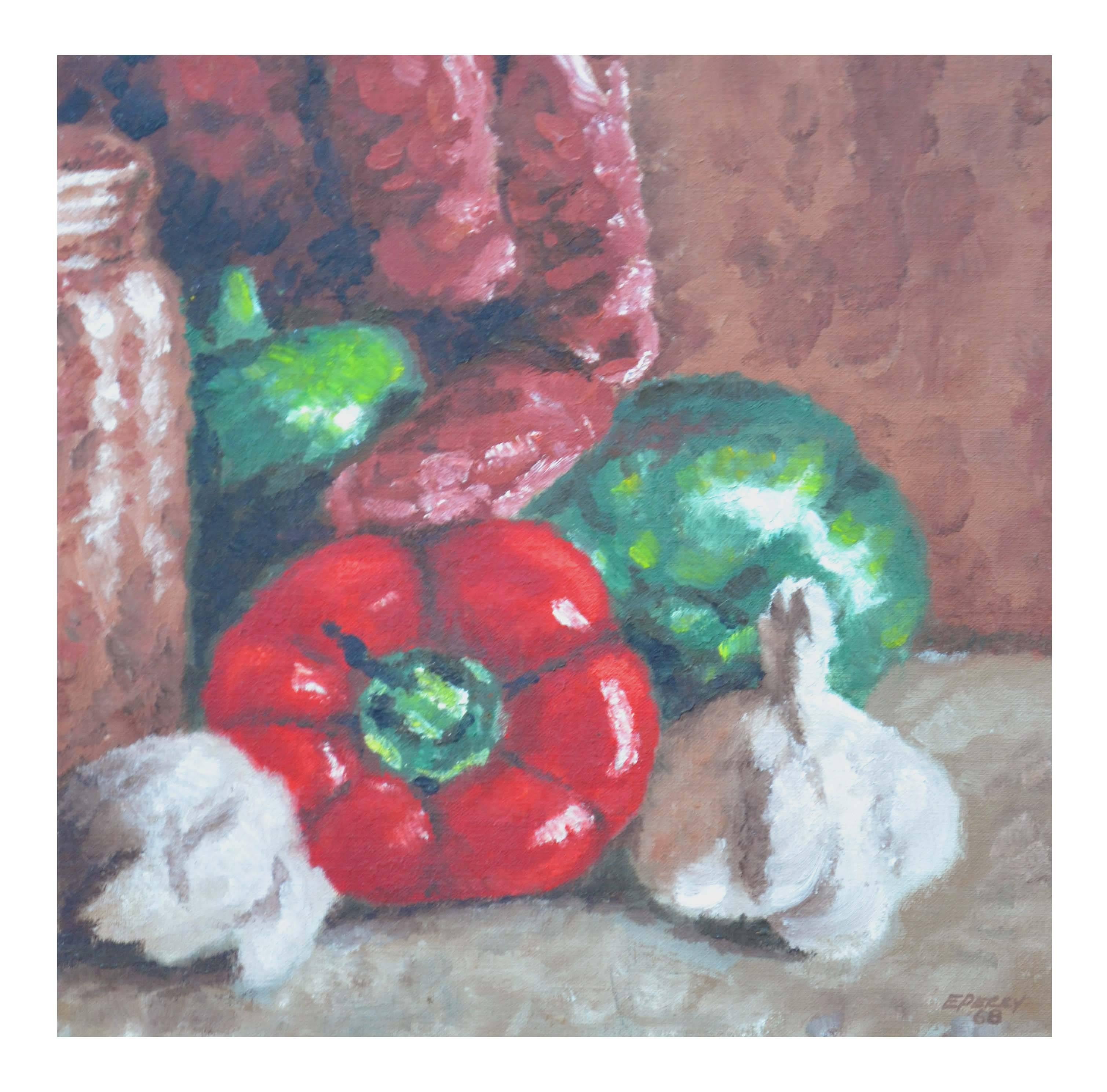 Red Pepper and Garlic Still Life - Painting by Eleanor Perry