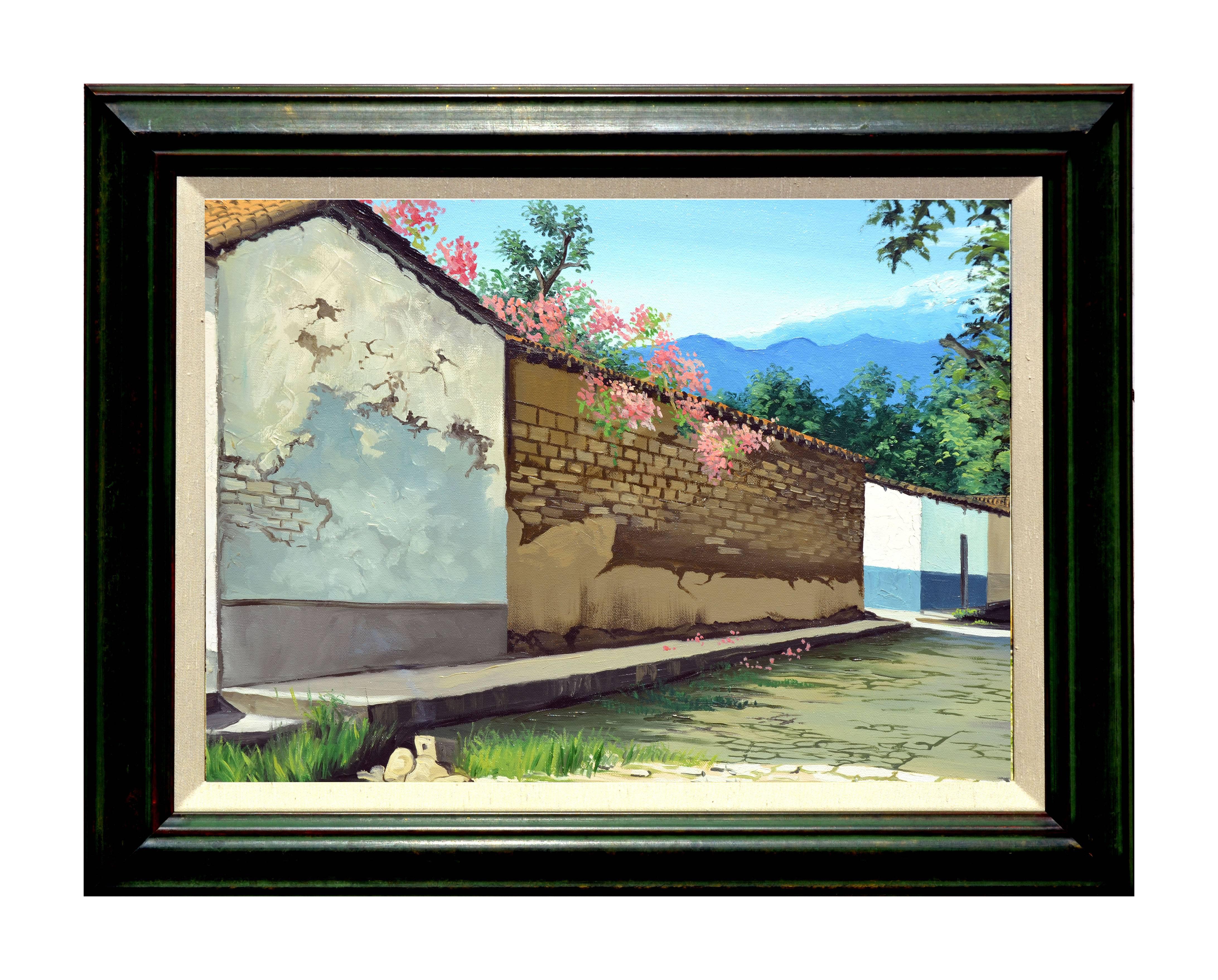 Guardado Aguilera Landscape Painting – Frühling im Dorflandschaftenstil