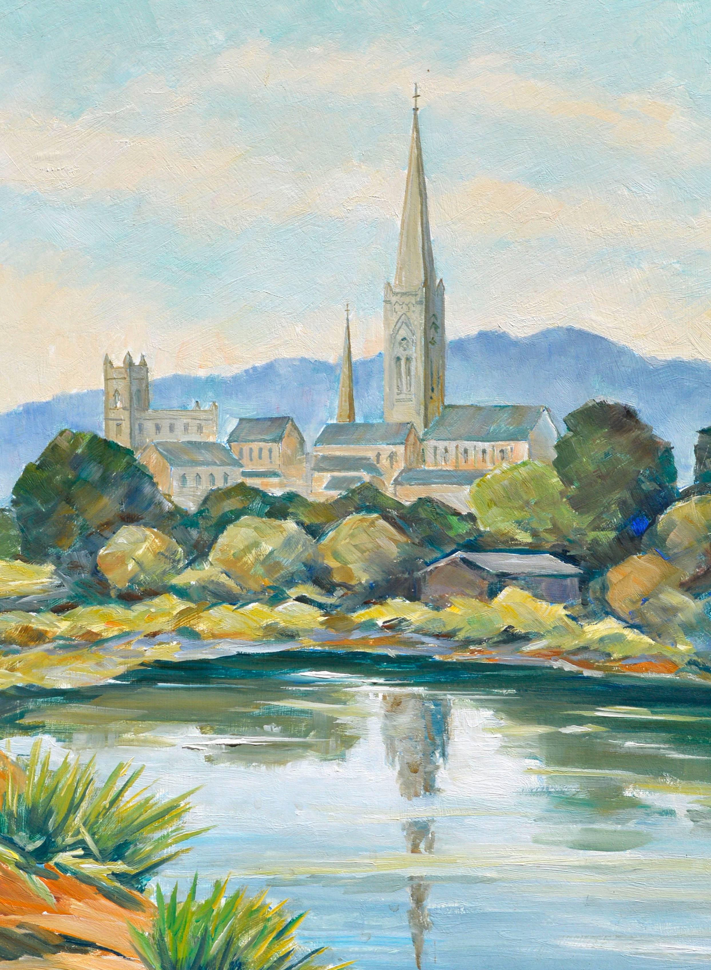 Mid Century Landscape -- Steeple and Pond - Painting by Lynn Winans