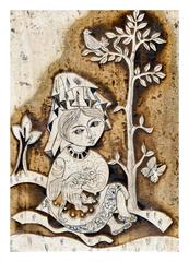 Mid Century Carved Figurative Girl and Kitten