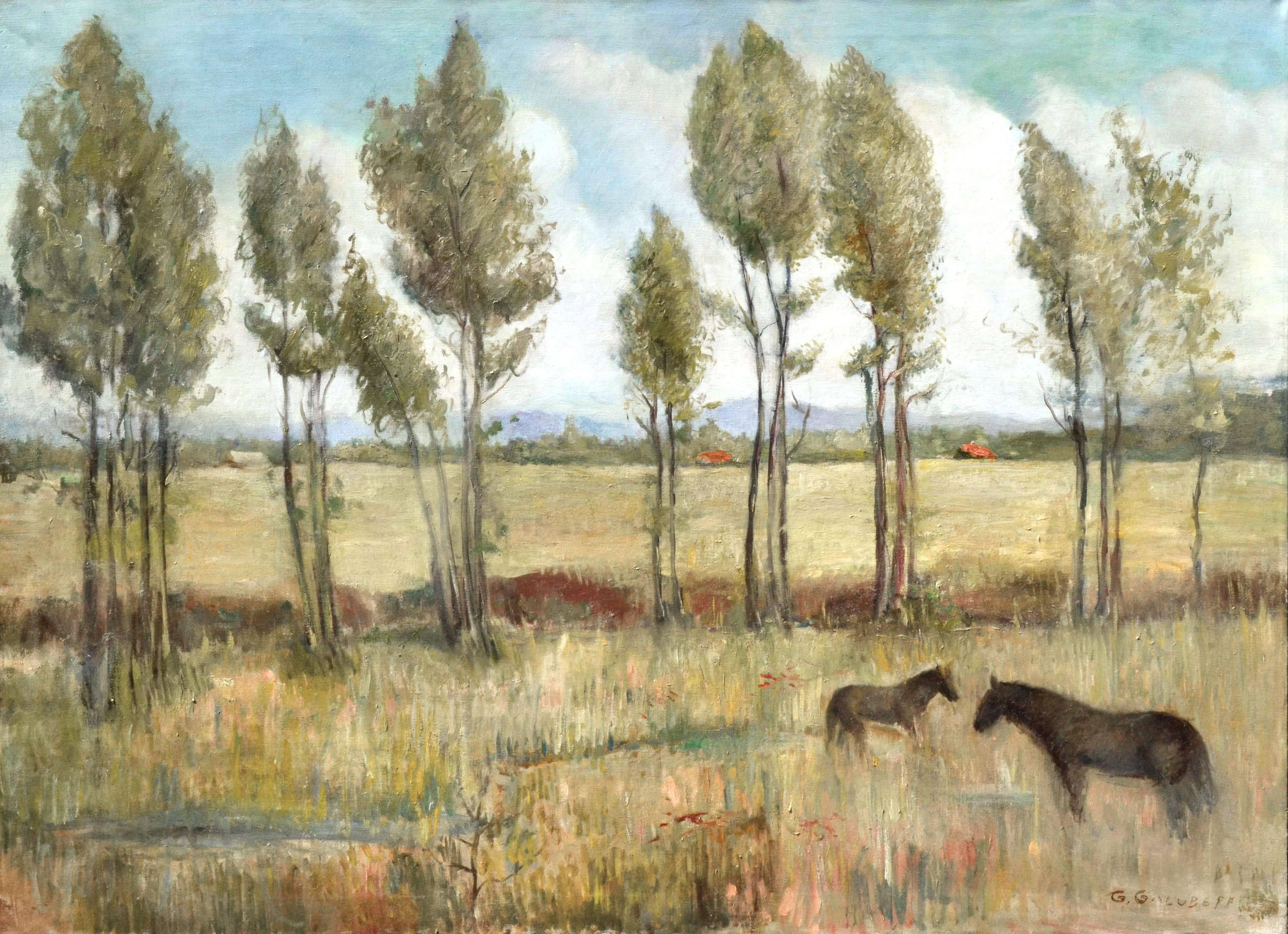 Gregory Golubeff Landscape Painting - Plein Air Horses and Trees