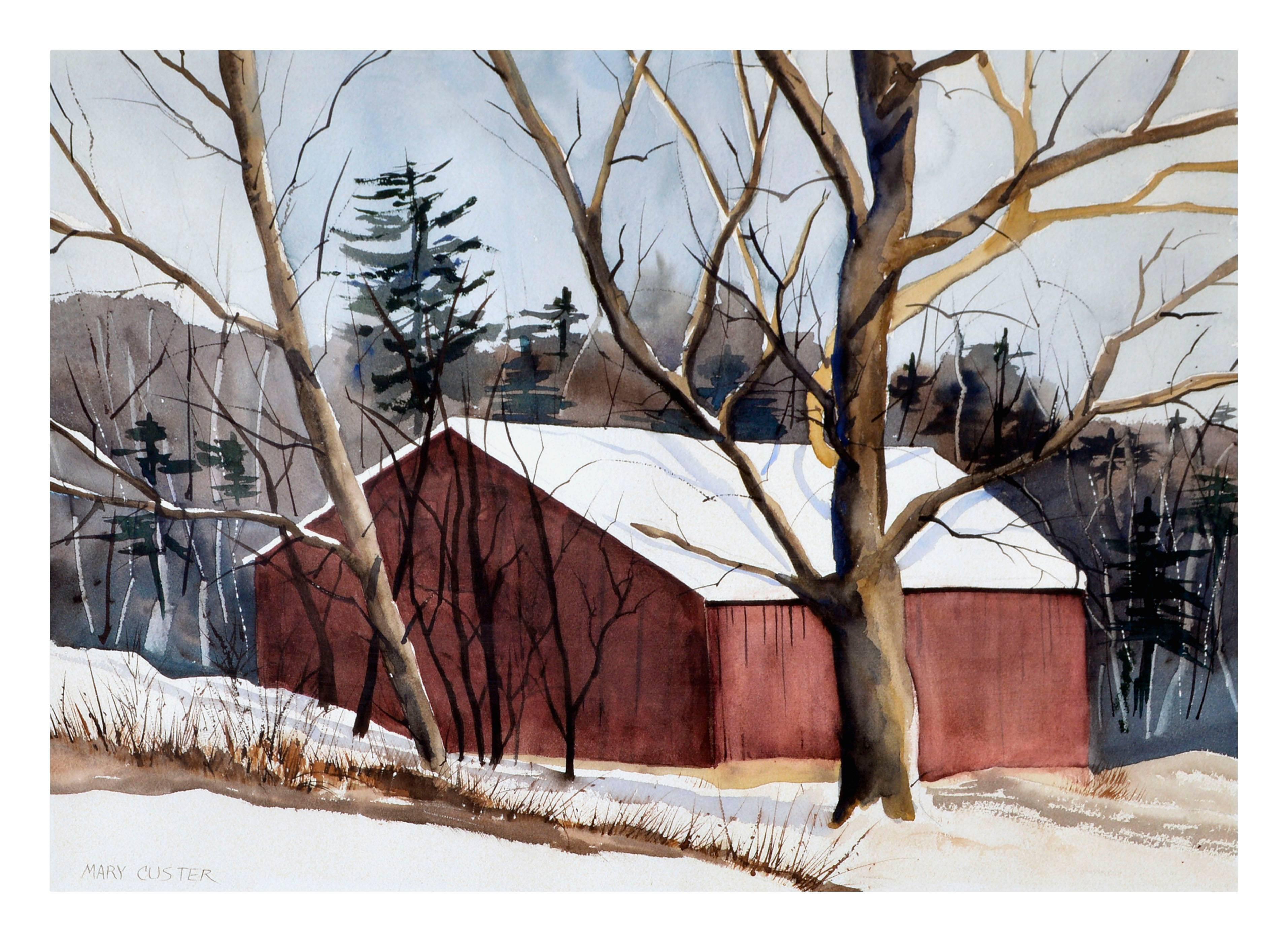 Red Barn  Snow - Painting by Mary Custer