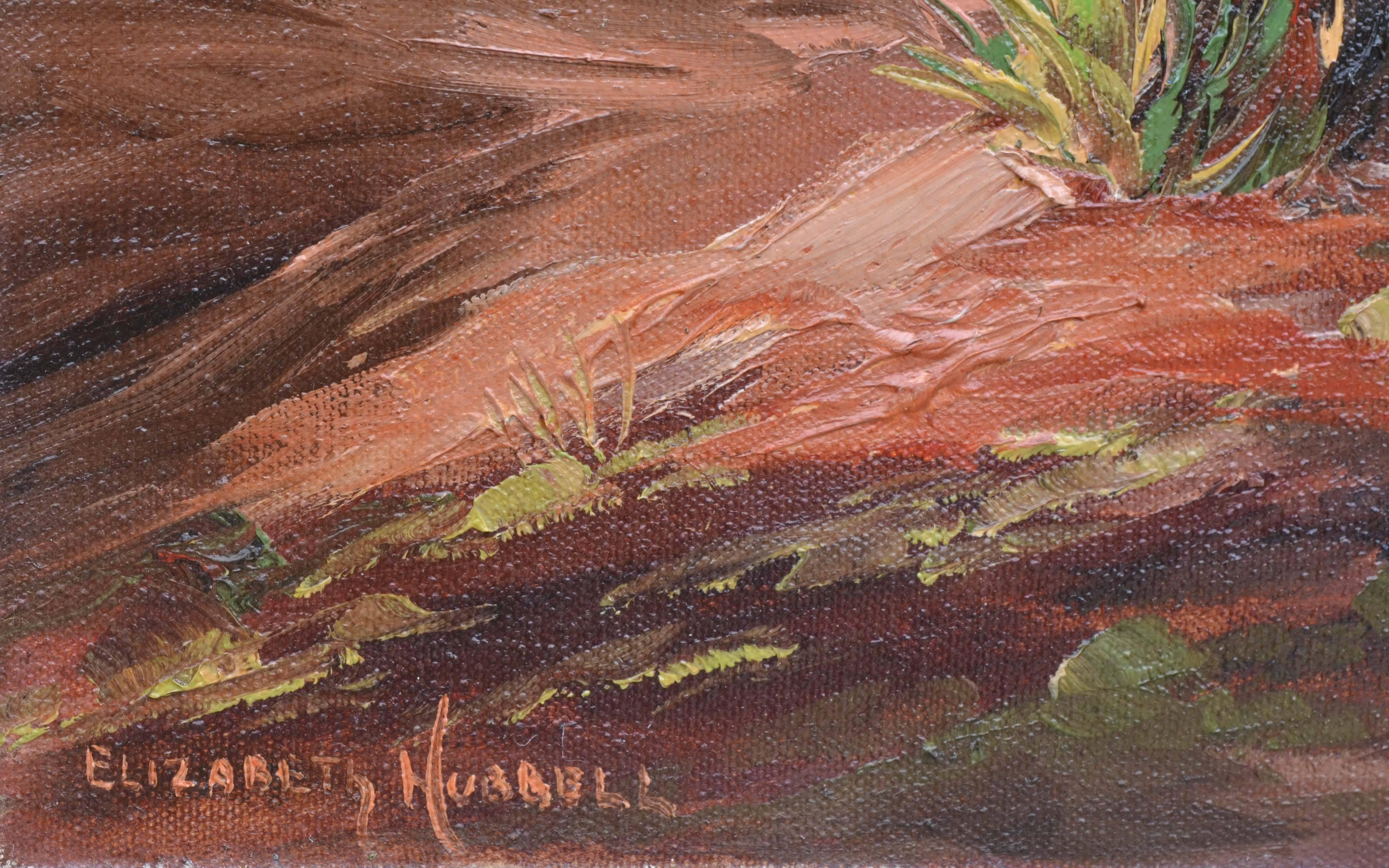 Paysage forestier du milieu du siècle dernier en Californie Stream and Redwoods - Marron Landscape Painting par Elizabeth Hubbell