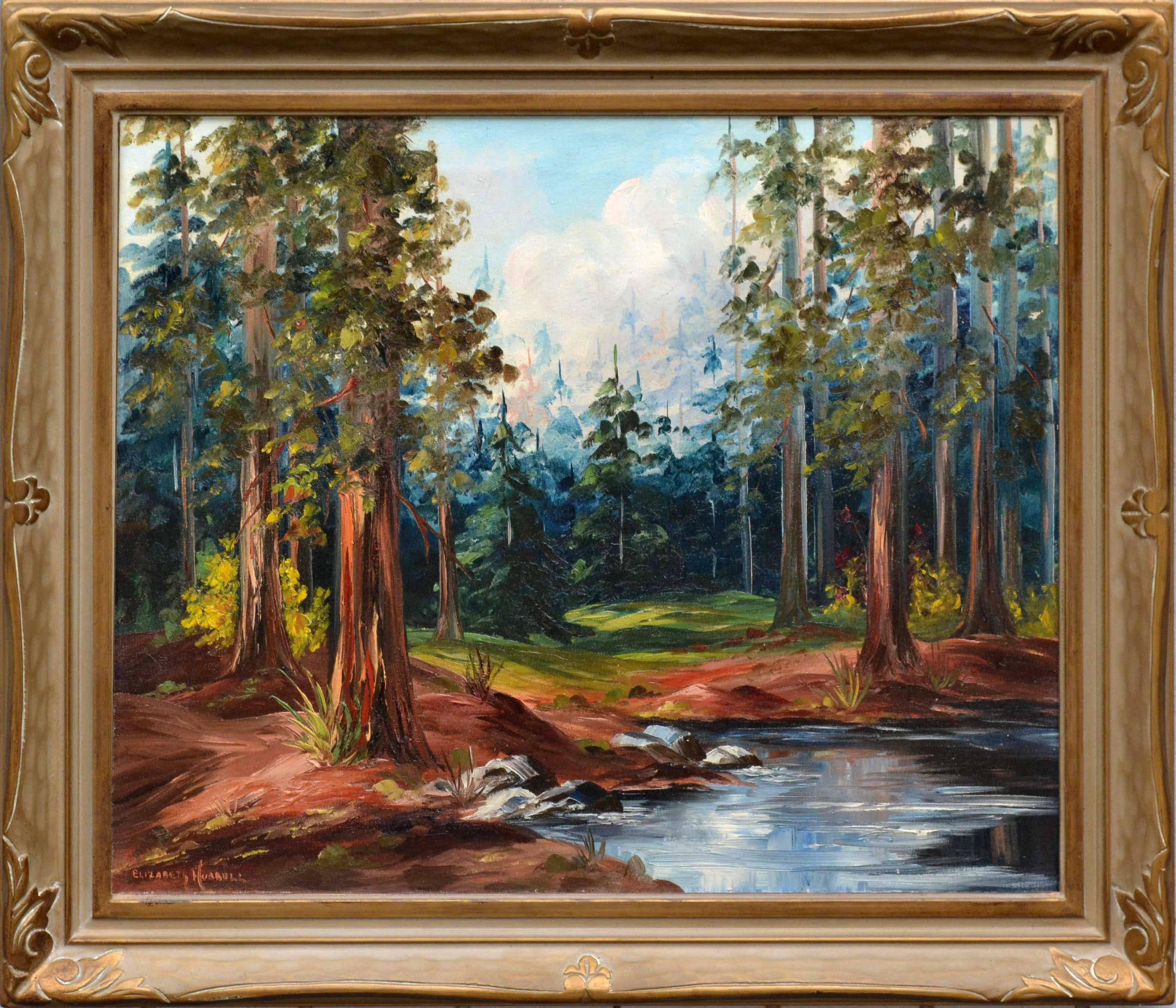 Landscape Painting Elizabeth Hubbell - Paysage forestier du milieu du siècle dernier en Californie Stream and Redwoods