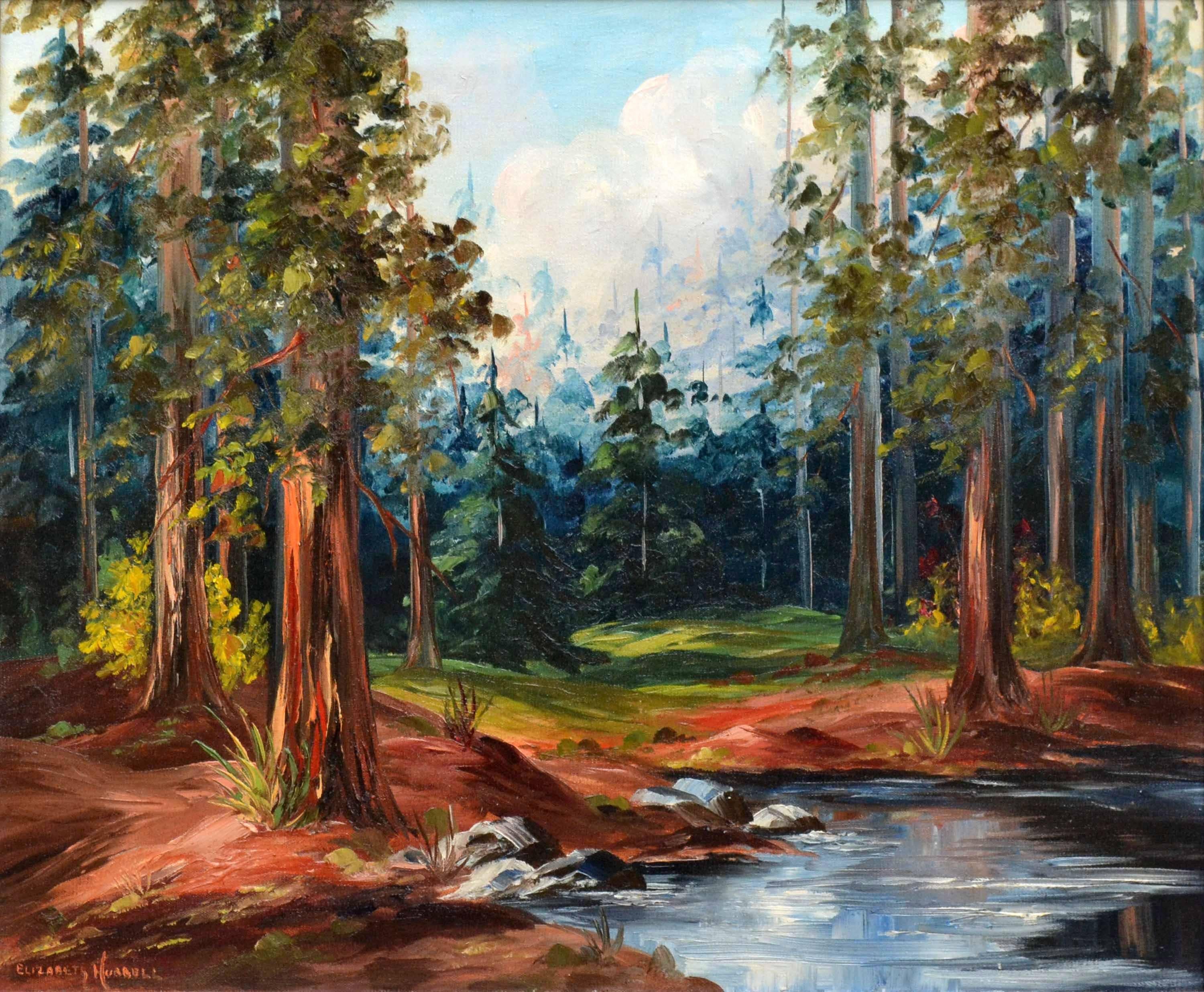 Paysage forestier du milieu du siècle dernier en Californie Stream and Redwoods - Painting de Elizabeth Hubbell