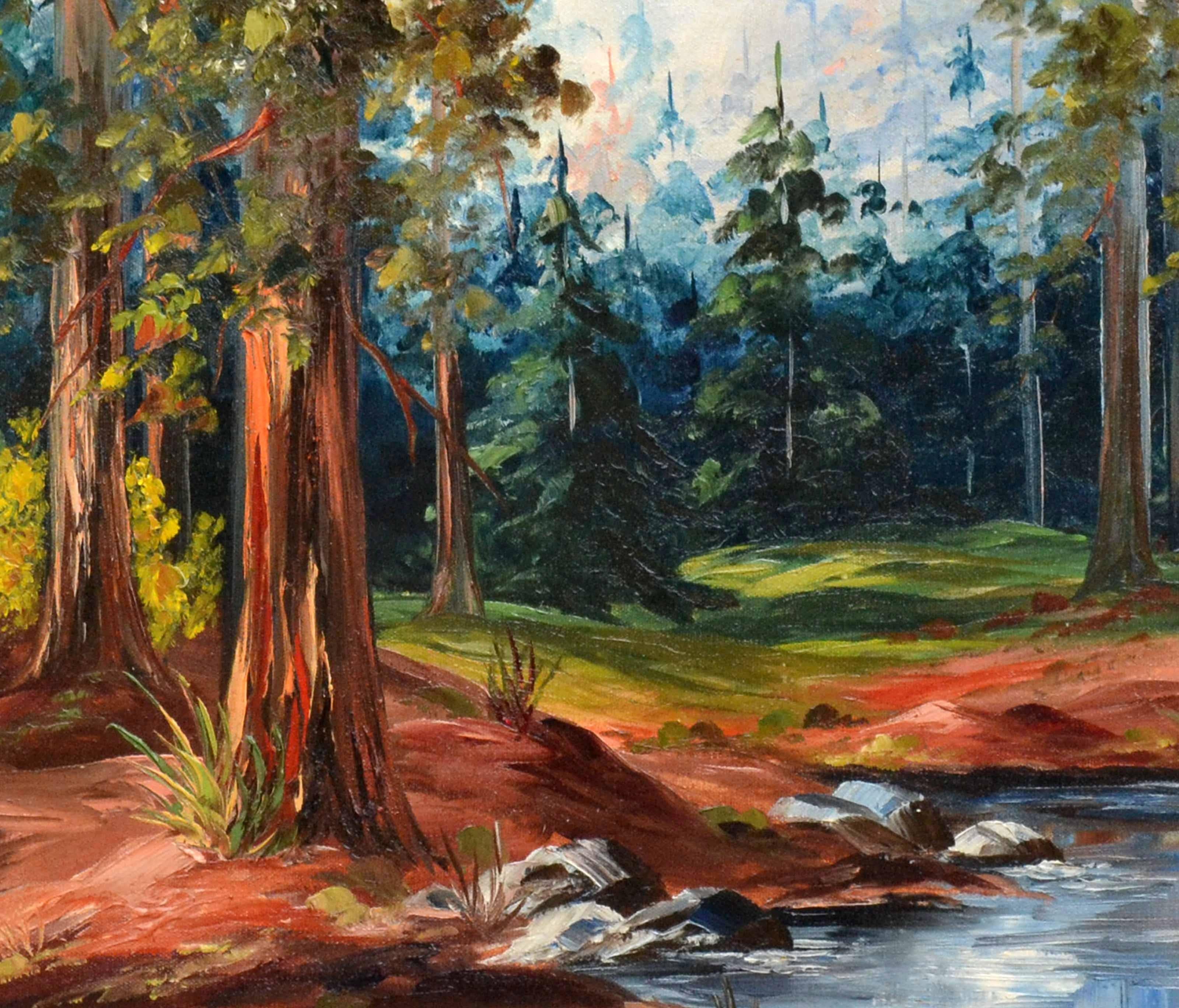 Paysage forestier du milieu du siècle dernier en Californie Stream and Redwoods - Impressionnisme américain Painting par Elizabeth Hubbell