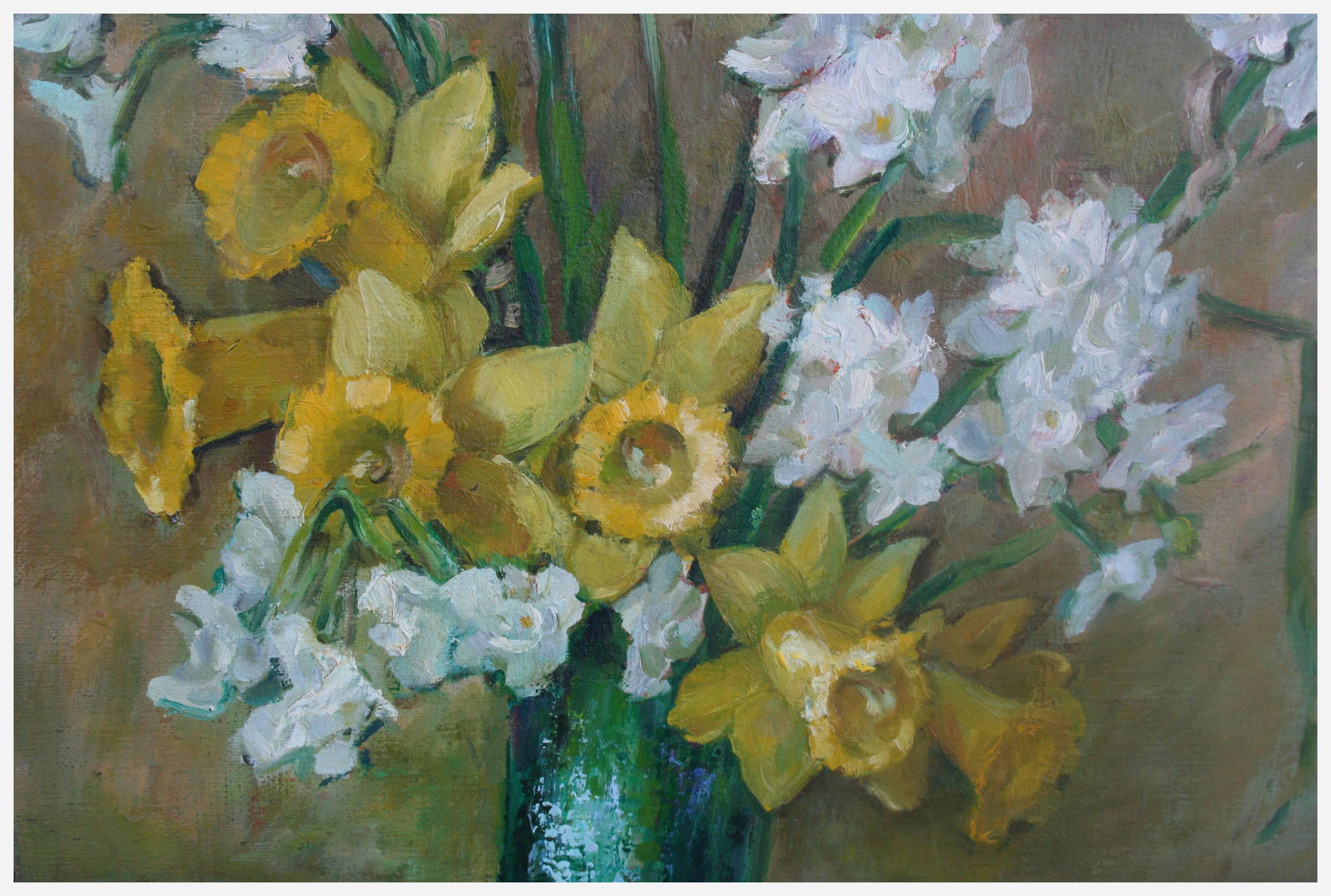 Daffodils in a Green Vase - Painting by Helen Enoch Gleiforst