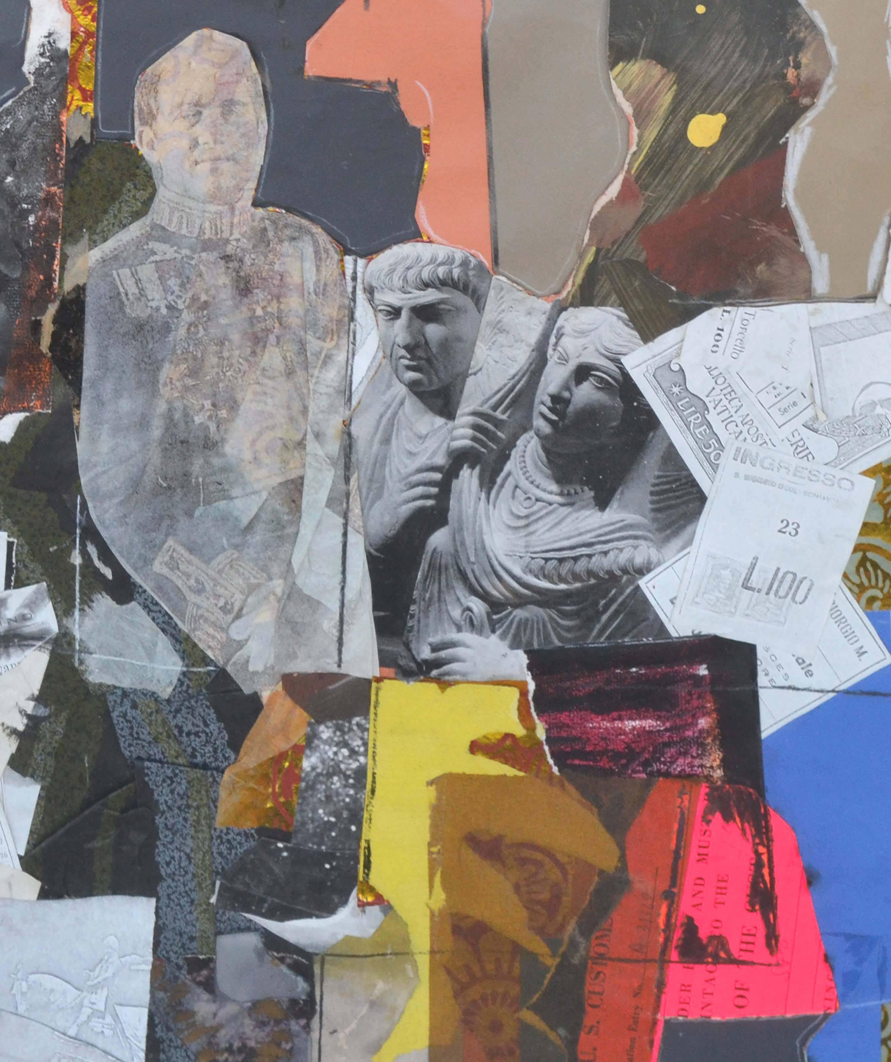 Atemberaubende Mixed-Media-Collage aus der Mitte des Jahrhunderts mit römischen Reiseutensilien und Fotos von James A. Couglin, einem abstrakten Expressionisten aus Berkeley (Amerikaner, 1929-1979), ca. 1966. Entstanden während seiner Pariser Zeit,
