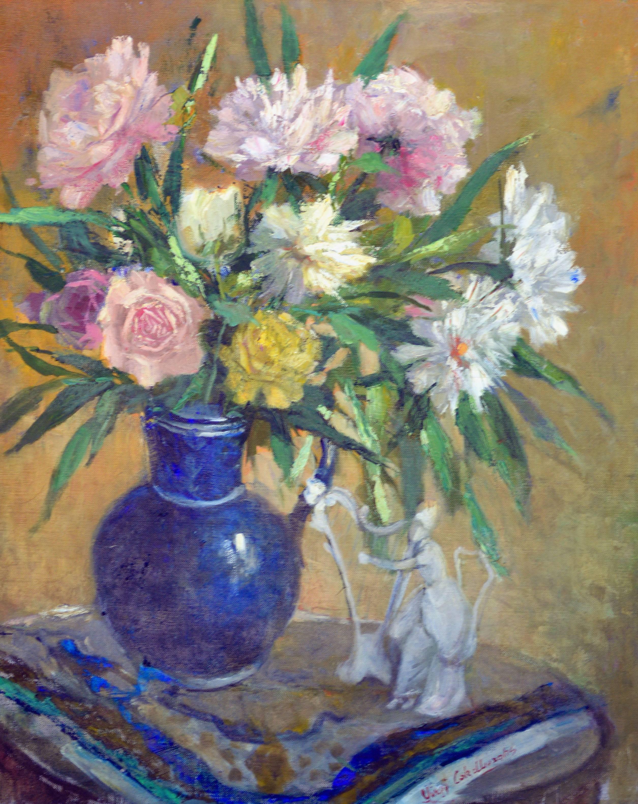 Mid Century Roses with Blue Vase Still Life - Painting by Virgi Cokelberghs