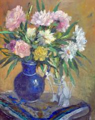 Mid Century Roses with Blue Vase Still Life