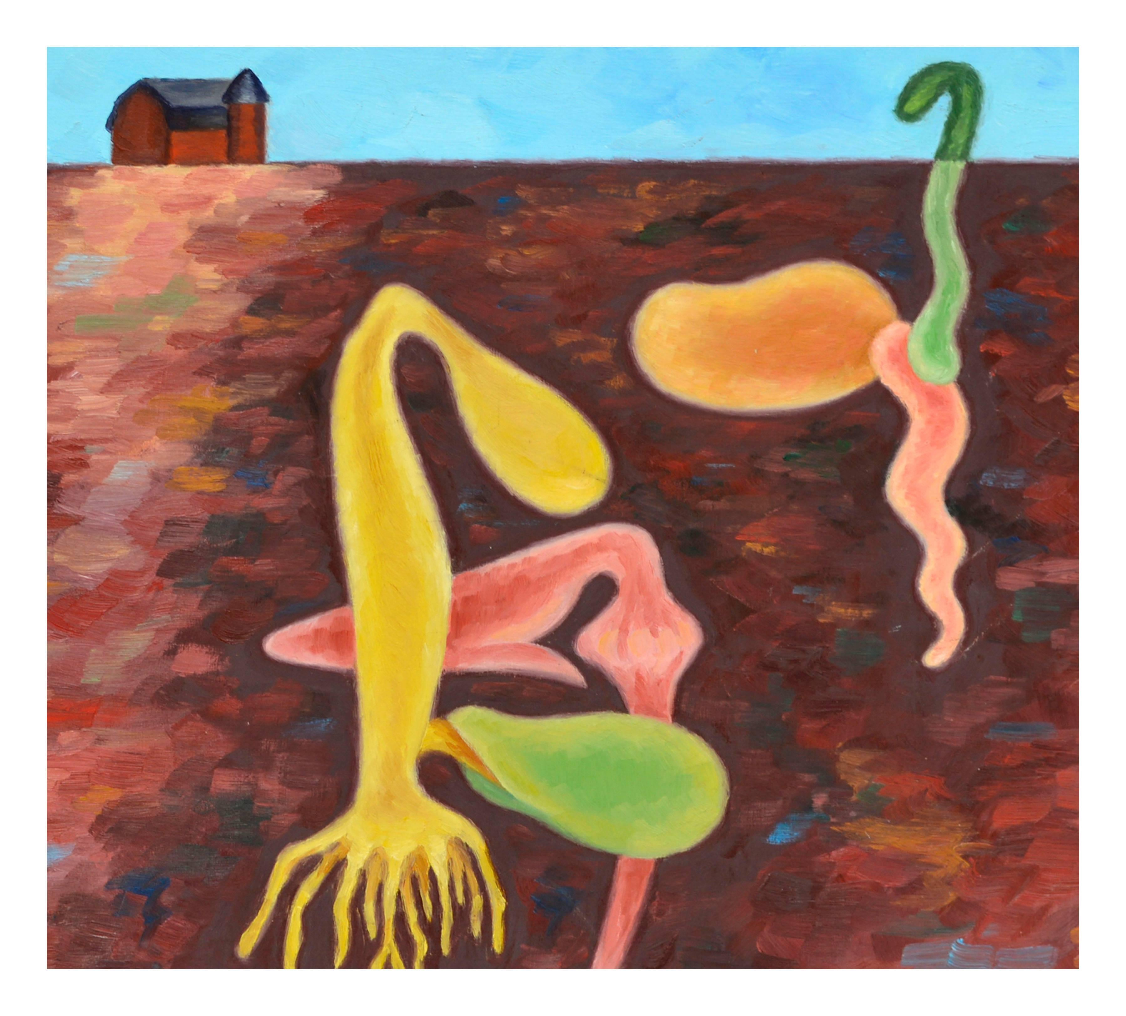 Abstrakter Frühling Sprung auf der Bauernhof-Landschaft (Braun), Abstract Painting, von Eleanor Perry