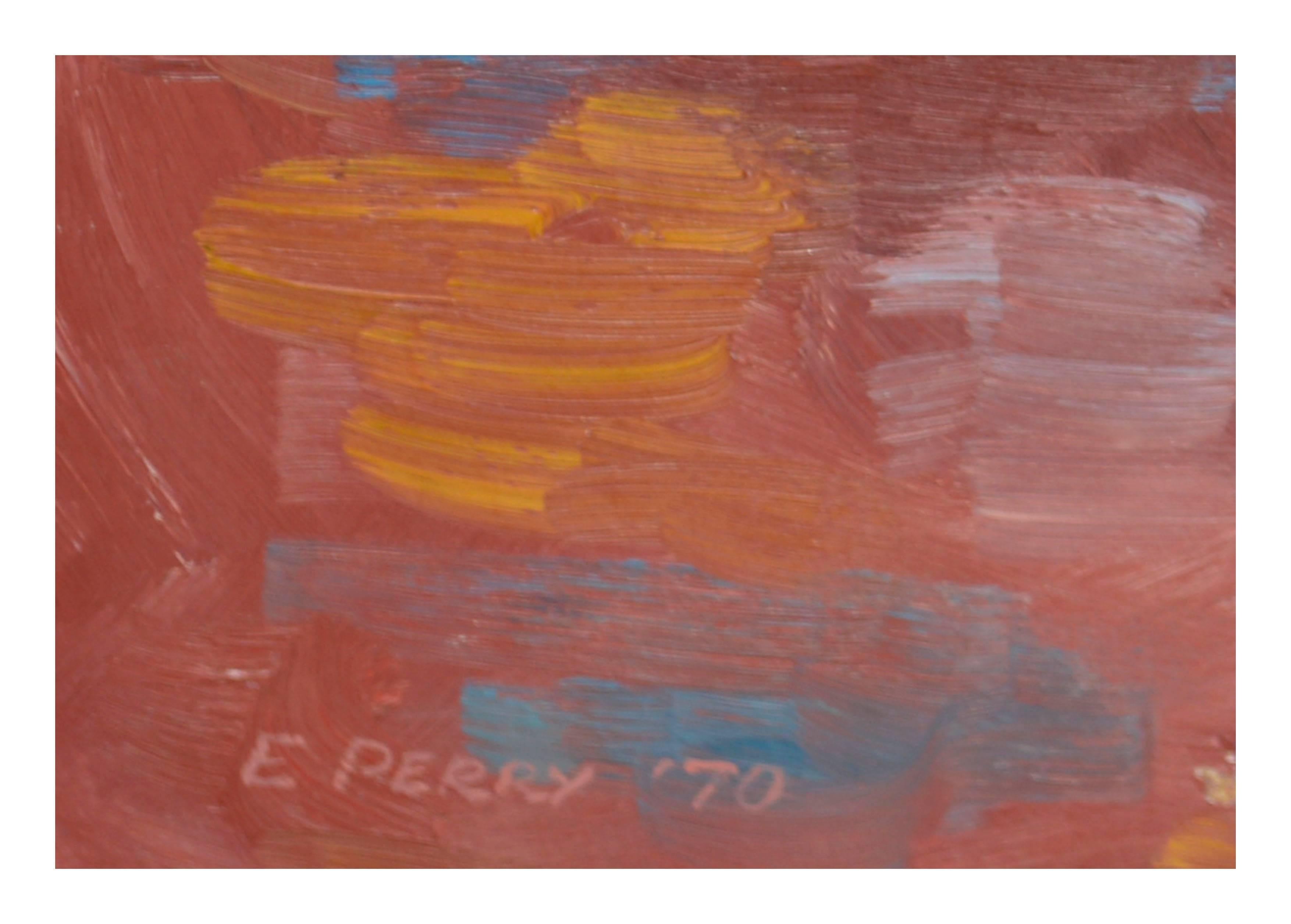 Abstrakte Farm mit sprießenden Samen in einem kühnen abstrakten expressionistischen Gemälde der Künstlerin Eleanor Perry (Amerikanerin, 1928-2014) aus San Francisco, Kalifornien. Eleanor war Mitglied und stellte 1955 im California Art Club aus.