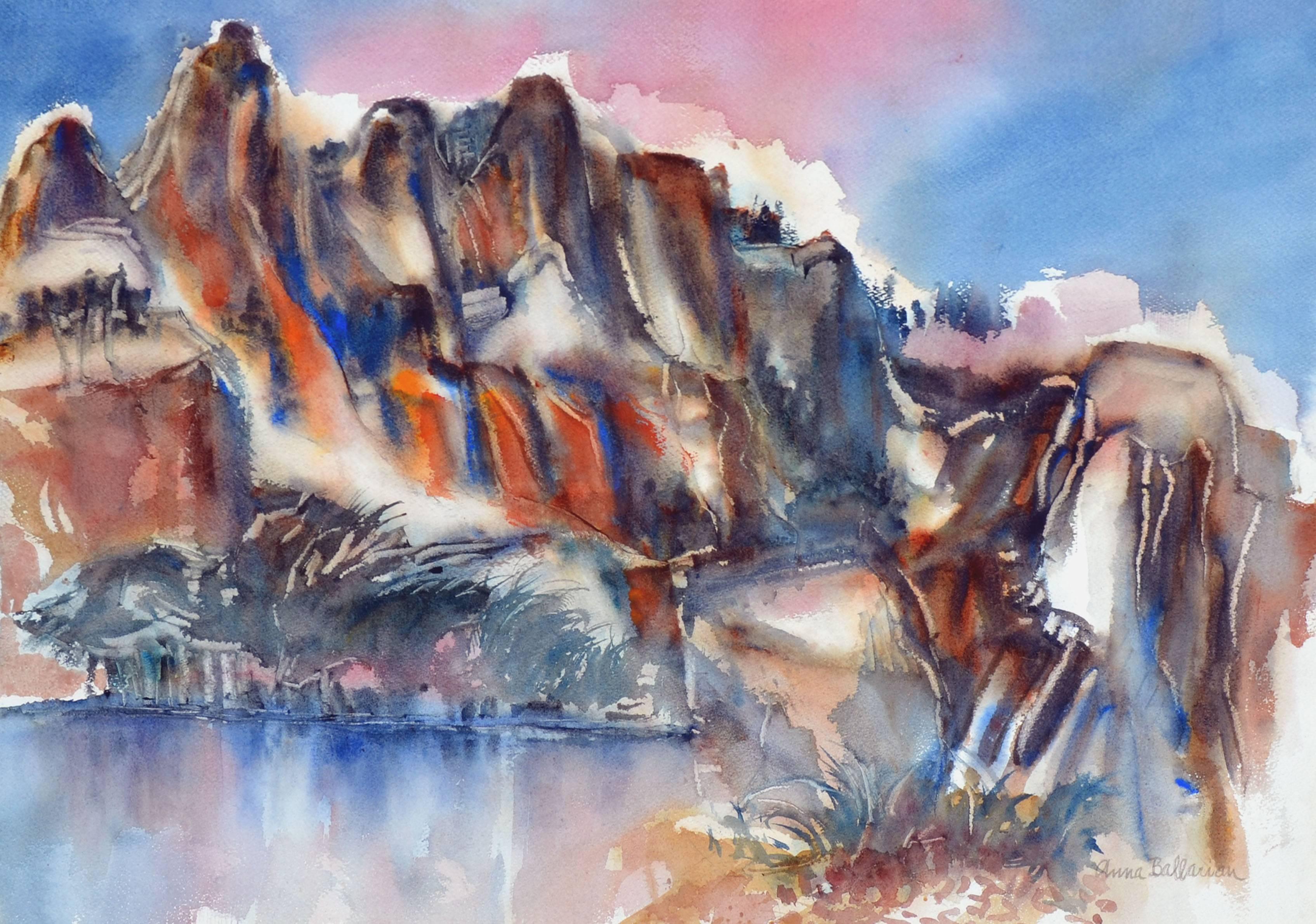 Yosemite-Landschaft aus der Mitte des Jahrhunderts - junger See unter abgeschrägter Spitze 