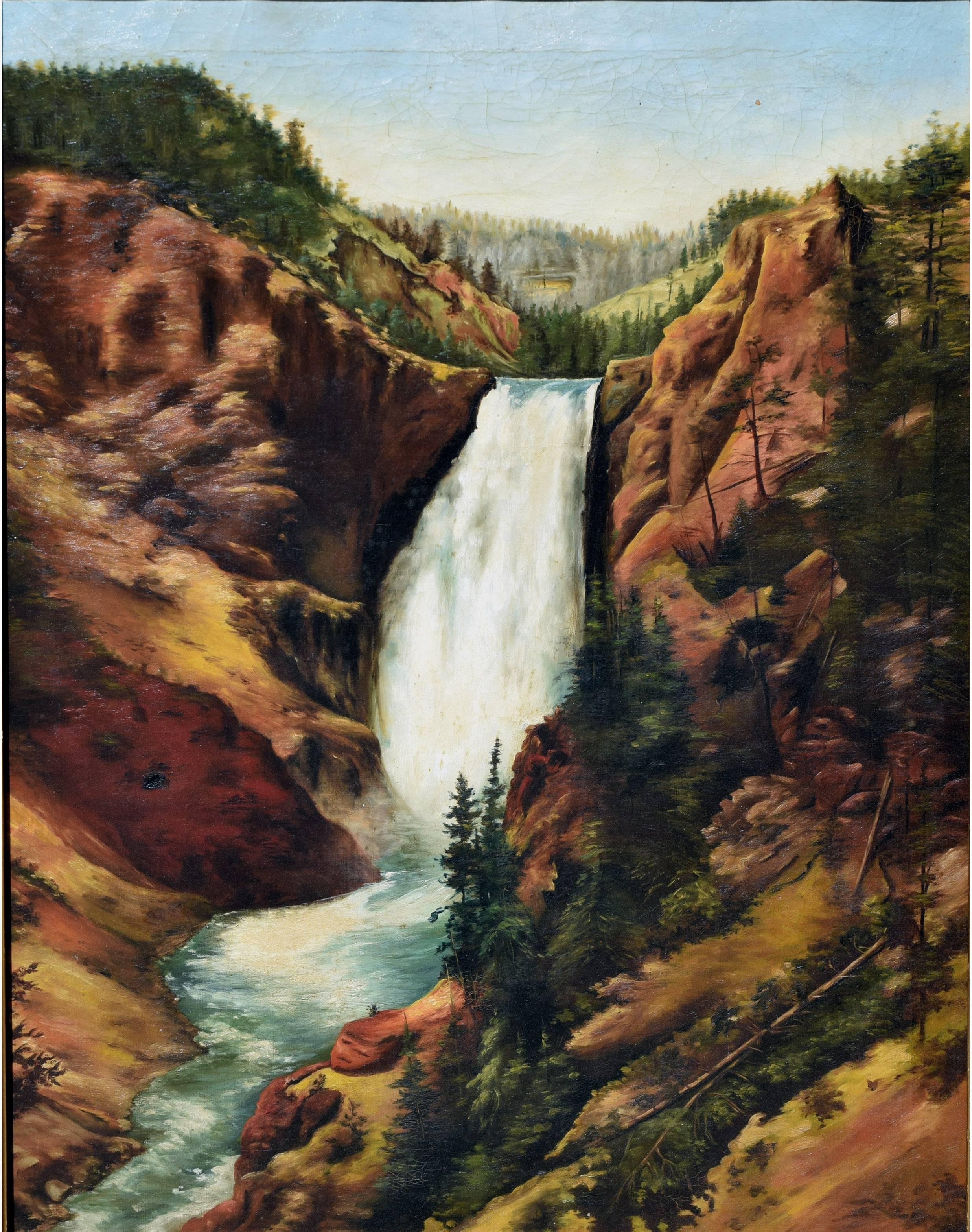 Turn of Century Yellowstone Falls Landscape - Painting by Unknown