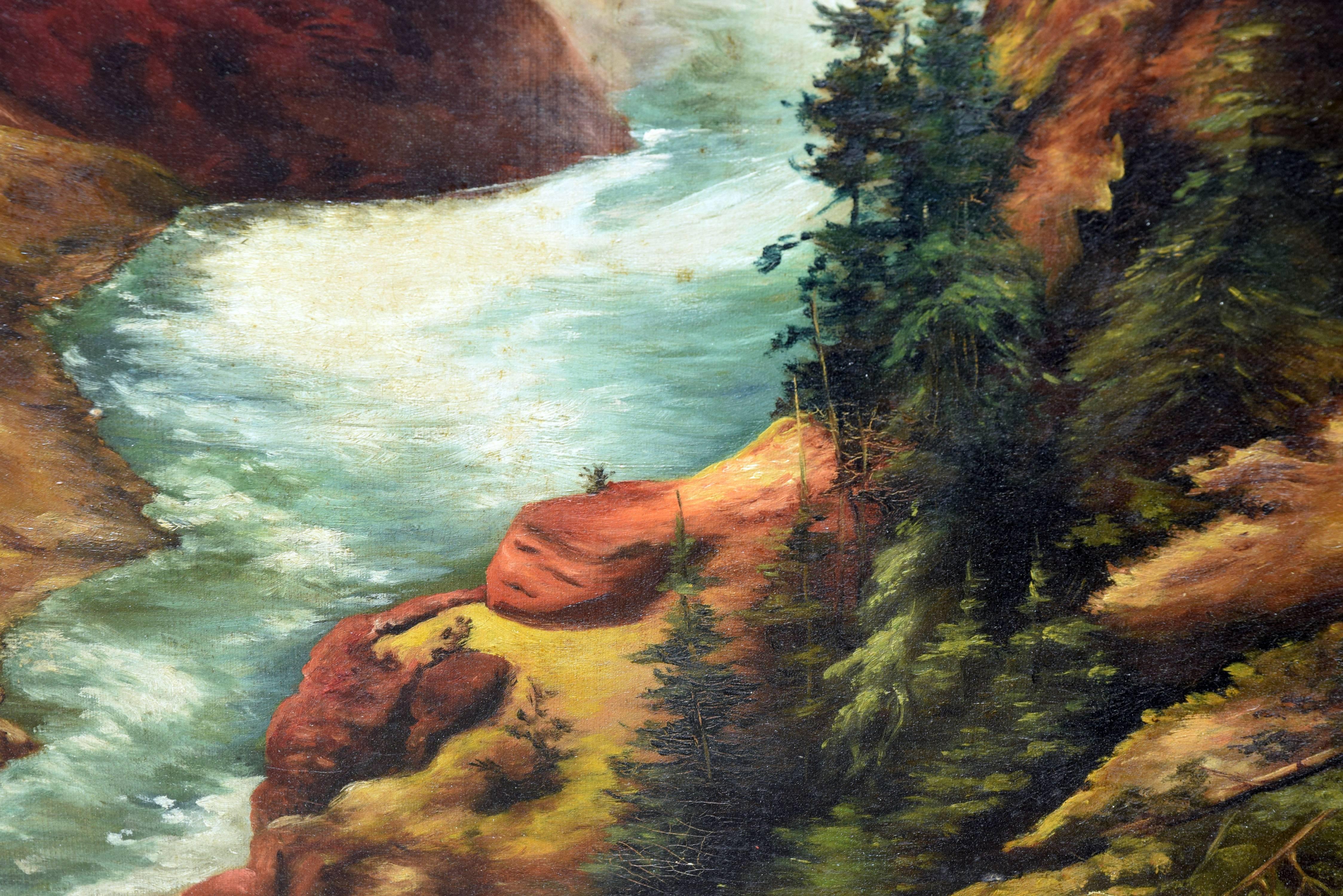 Bedeutendes und zeitgemäßes Gemälde der Yellowstone Falls von einem unbekannten Künstler (Amerikaner, 19.-20. Jahrhundert), ca. 1880-1898. Nicht signiert. Mit einer Plakette 