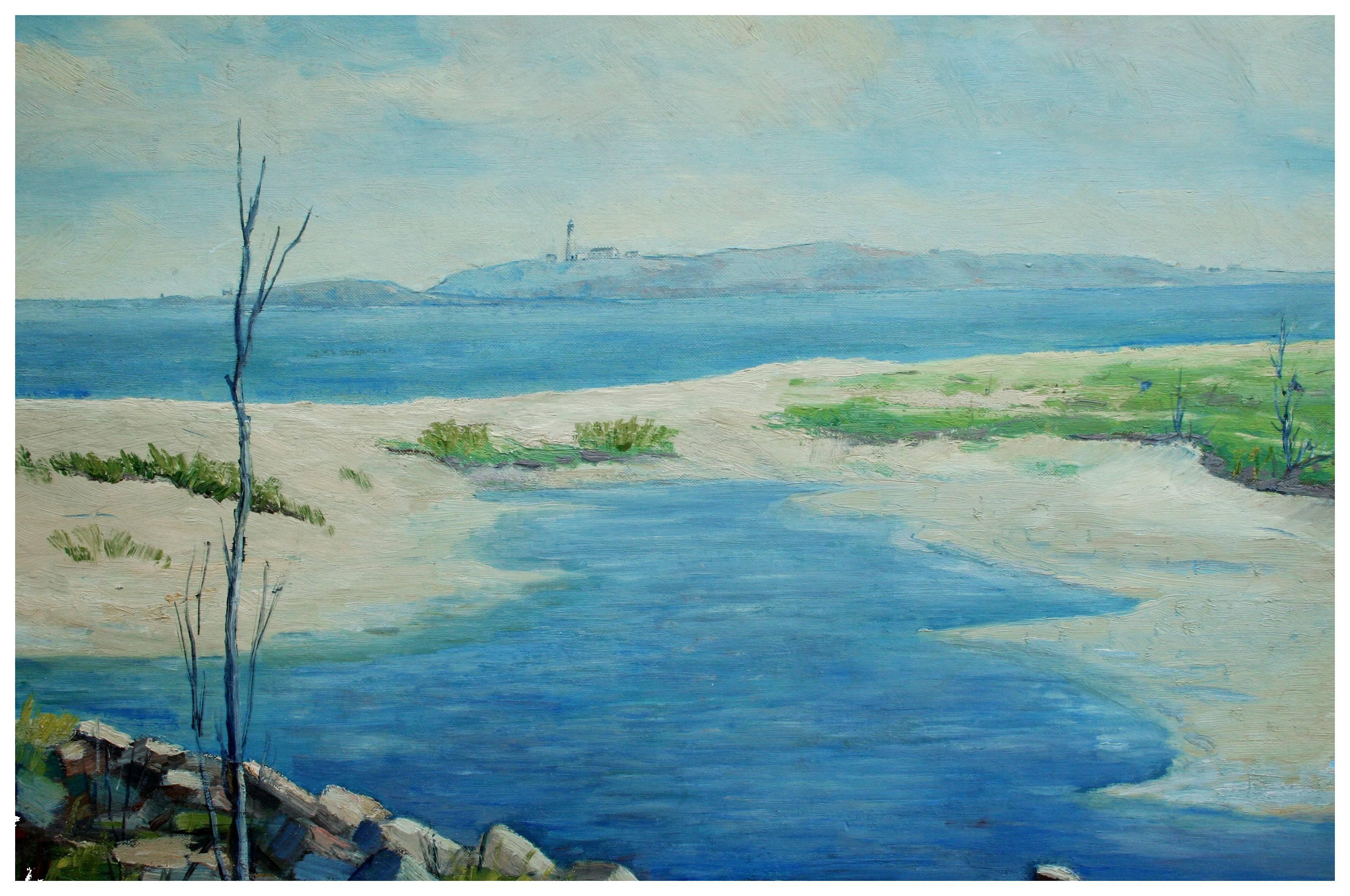 Mid Century Tidal Pools & Lighthouse Landscape - Painting by L. Clogston