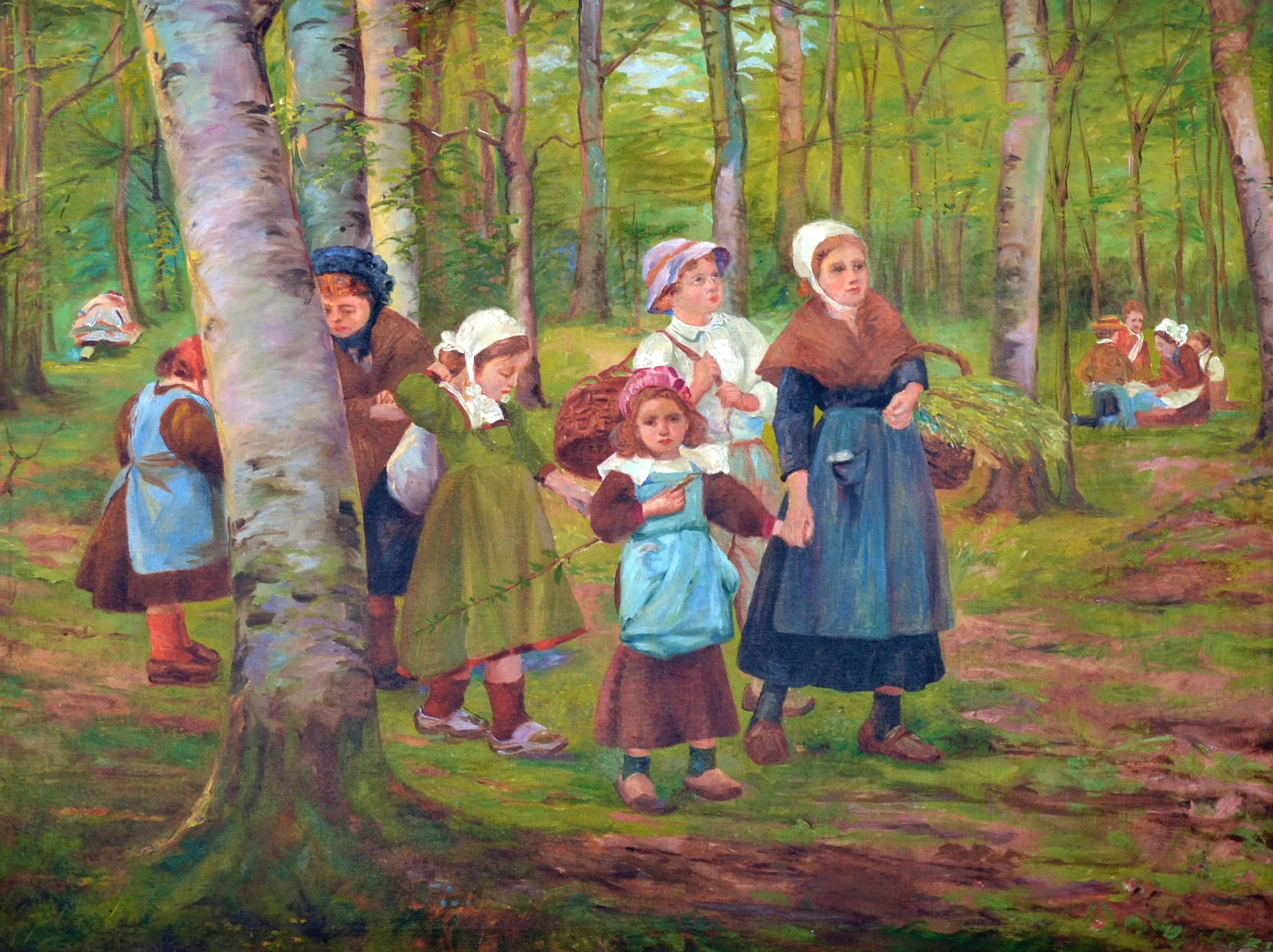 Niederländische holländische Familie im Wald – Painting von Unknown