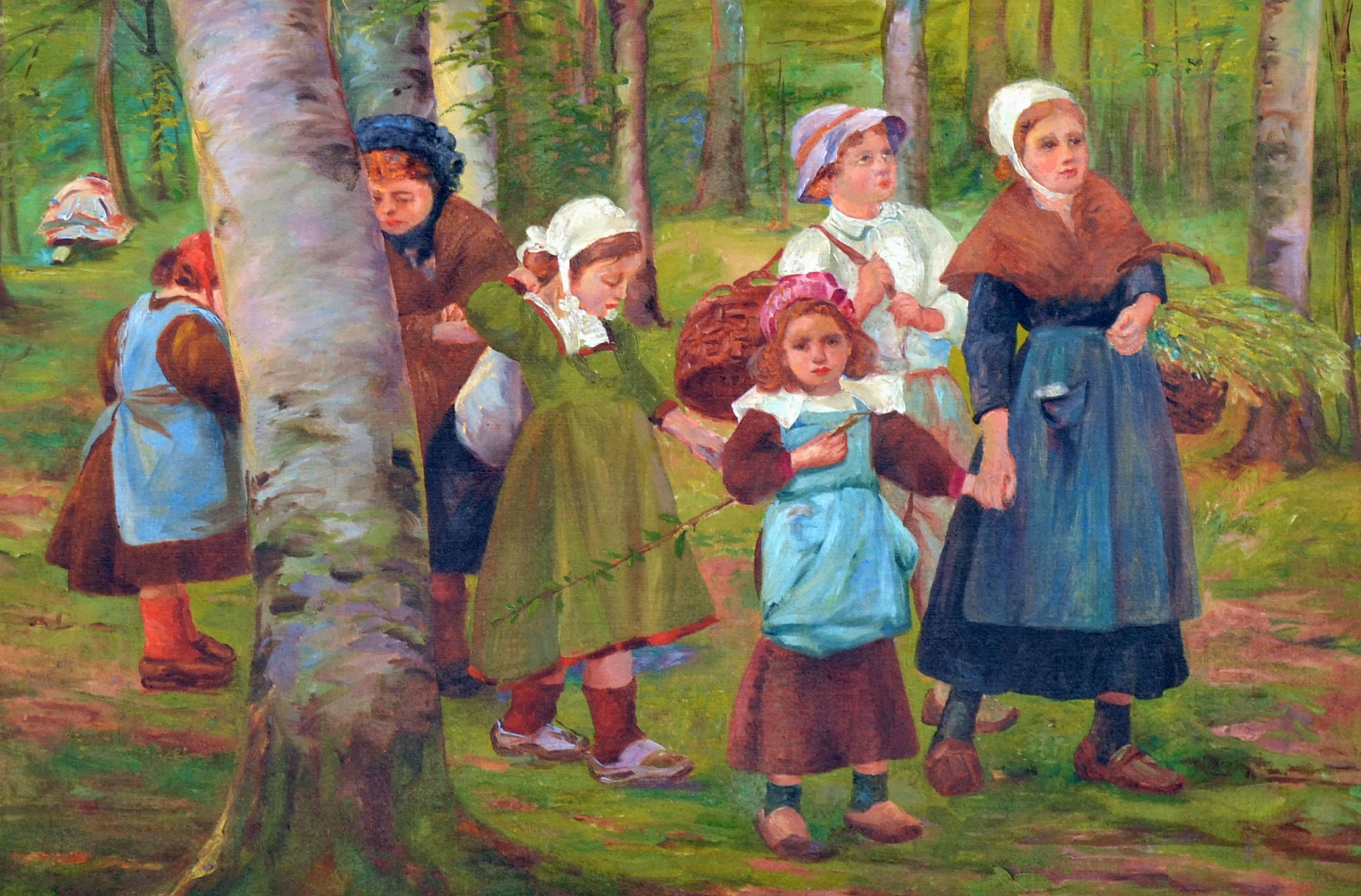 Dutch Family in the Forest - Brown Figurative Painting by Unknown