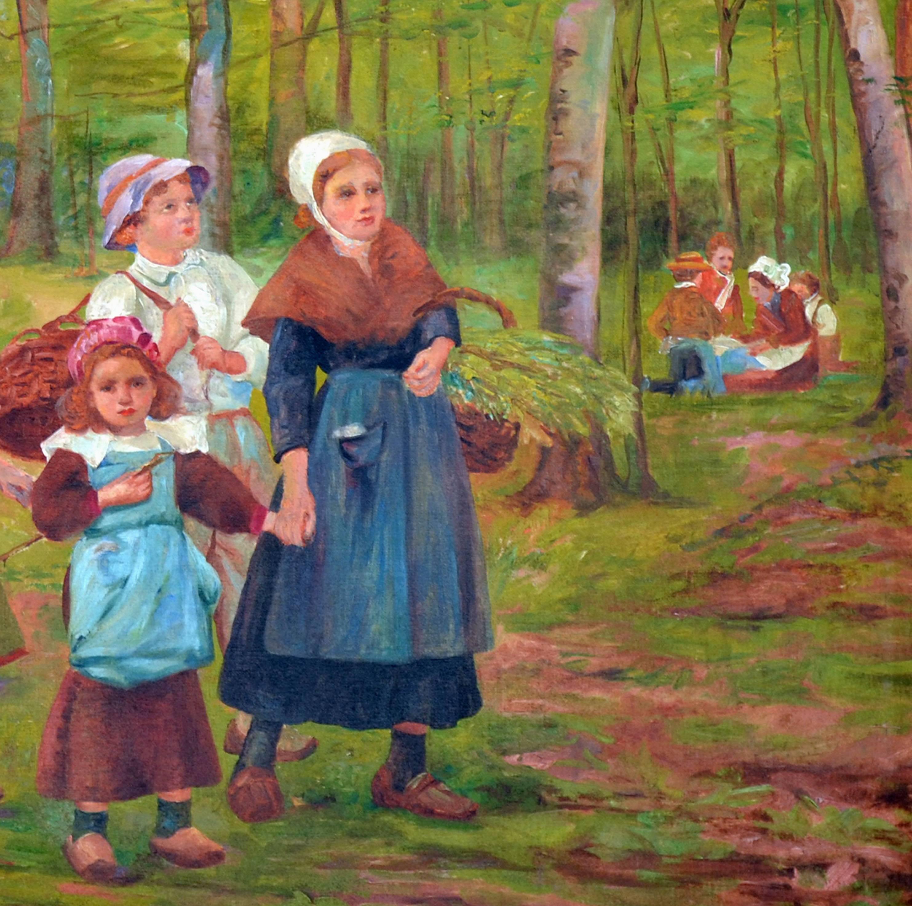 Charmantes figuratives Genrebild einer niederländischen Familie im Wald. Unleserlich signiert unten links. Präsentiert in einem zeitgemäßen Rahmen aus vergoldetem Holz.  Bildgröße: 27,25