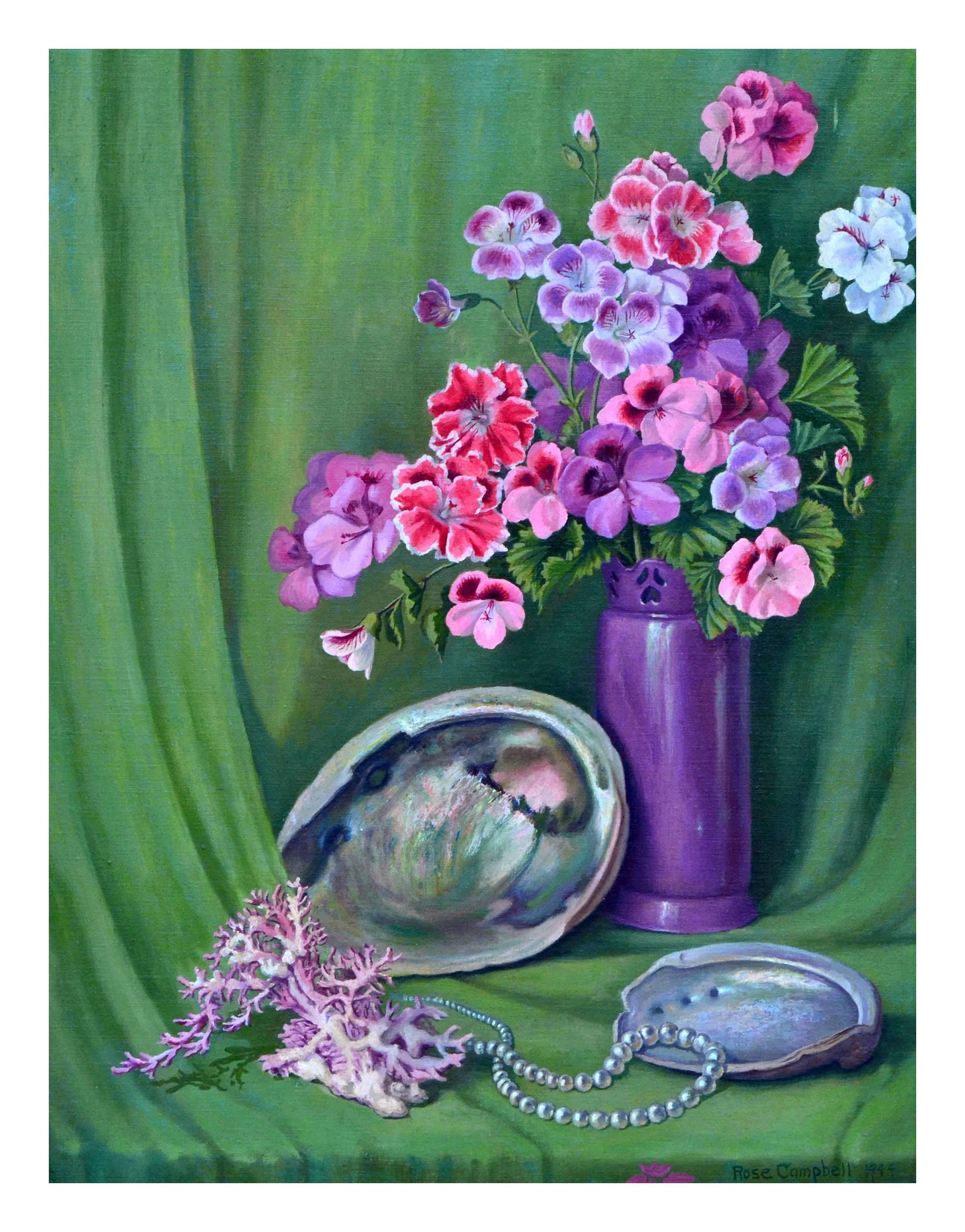 Geranium and Abalone Shell Still Life - Painting by Rose Campbell