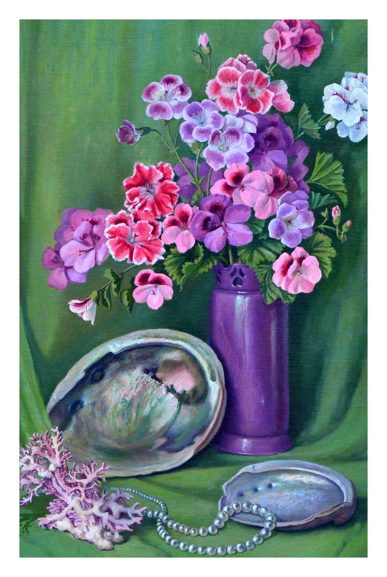 Rose Campbell - Geranium and Abalone Shell Still Life For Sale at ...
