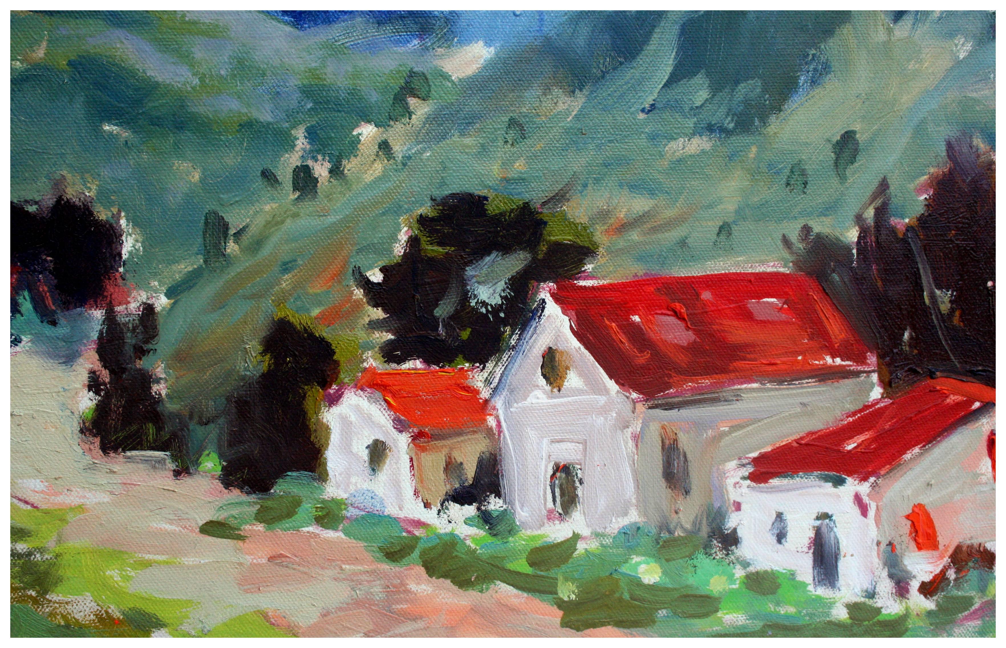 Mid Century Carmel Valley Red Roofs Landscape - Painting by Ray Barton