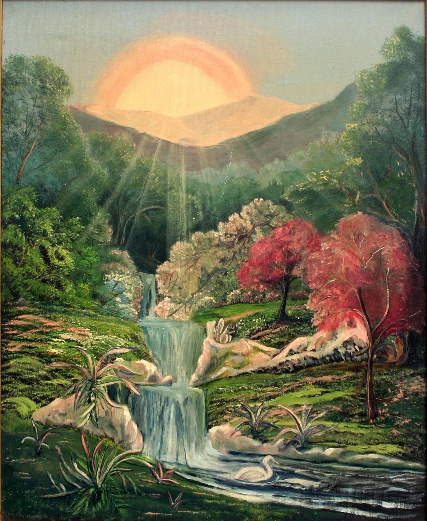 Mystical Sunrise and Waterfall, Visionary  - Painting by Joseph Parker