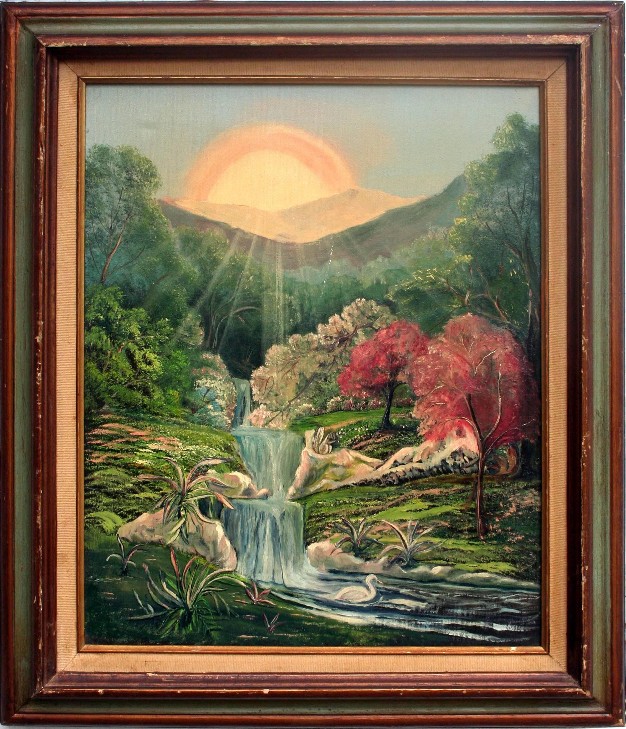 Joseph Parker Landscape Painting - Mystical Sunrise and Waterfall, Visionary 