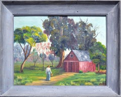 Vintage Mid Century Figurative Landscape with Red Barn & Yellow Tree
